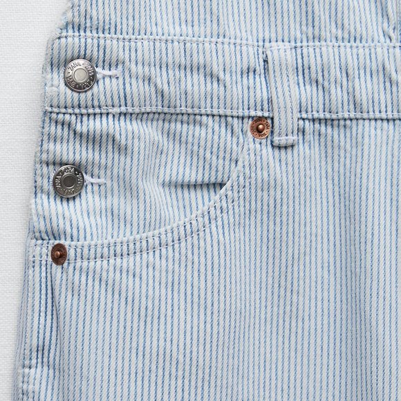 Zara Pin Striped Light Blue Denim Jumpsuit Ankle Straight Leg Overall Pant M - Picture 9 of 9